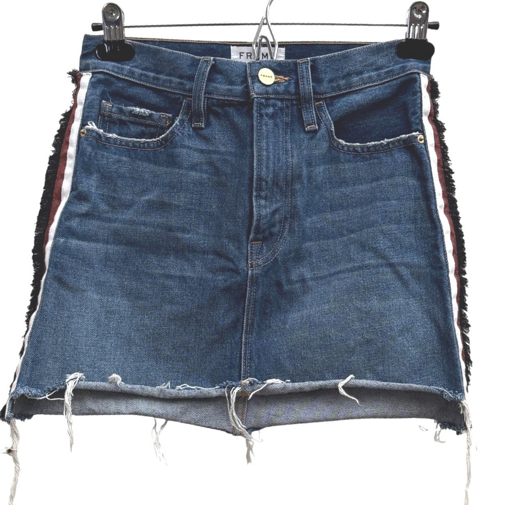 FRAME Denim Multi Tape Side Stripe Mini Skirt Blue Size 24 Raw‎ Hem Distressed - Picture 2 of 7